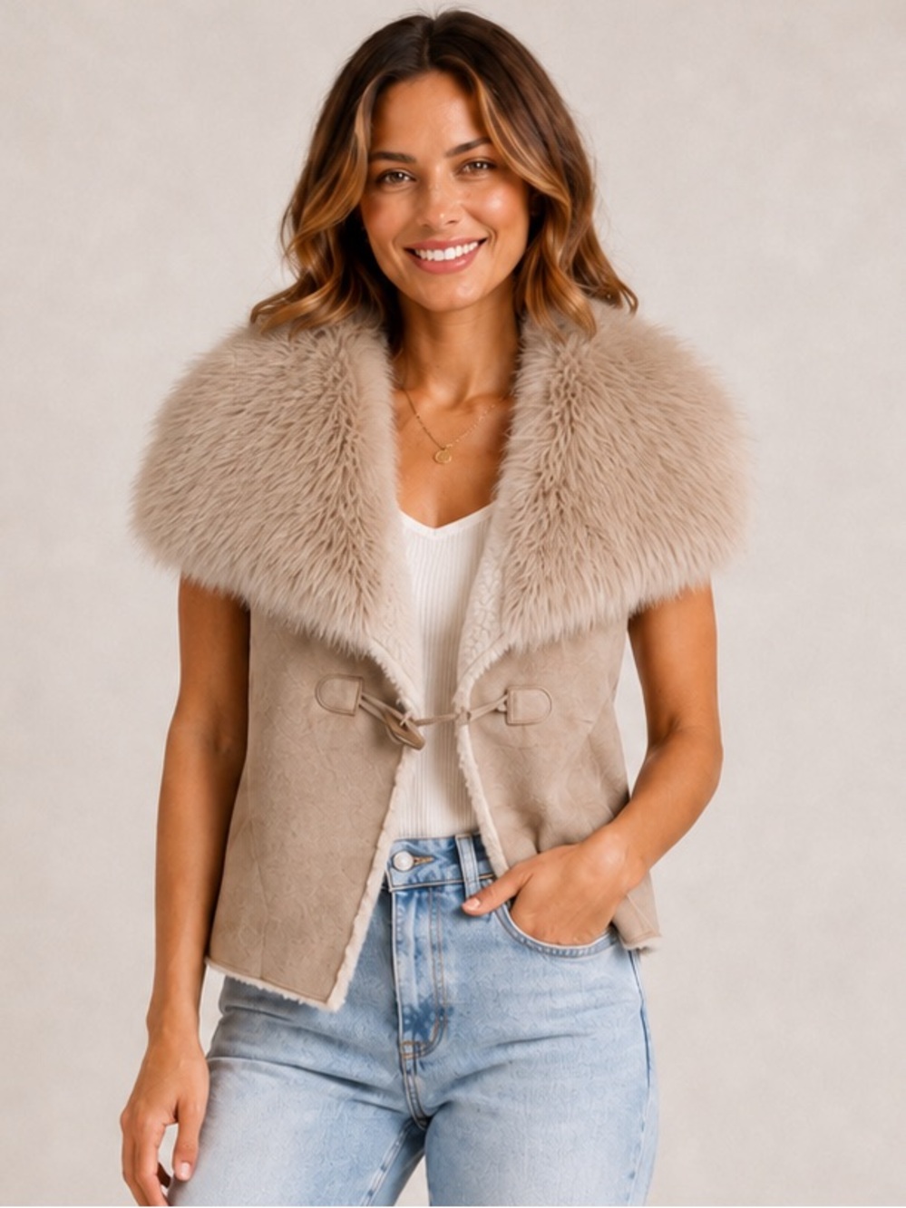 NIC+ZOE Faux Fur Collar Sherpa Suede Cape Vest NWT Large Taupe Cozy Luxe